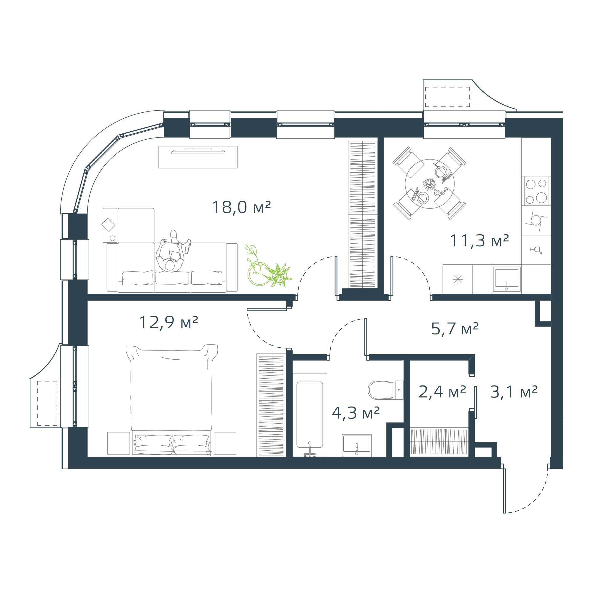 2-комнатная, 58.3 м², № 73 в ДОМ на Востоке